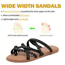 Wide Width Sandals For Women, Summer Flip Flops Flat Slide Sandals Casual Braided Wide Feet Slides Comfort Slip On Thong Womens Sandal. - 黑色 PU 780 - 查看 4