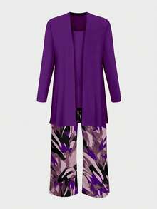 Plus Size Women's Fashionable Printed Elegant 3 Pieces Set Spring Summer - Purple - View 3