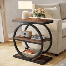 LITTLE TREE End Table With 3 Storage Shelves, Side Table With Black Metal Frames, Industrial Small Sofa Side Table For Living Room, Slim Nightstand And Bedside Table For Bedroom,Rustic Brown - Rustic Brown - 查看 12