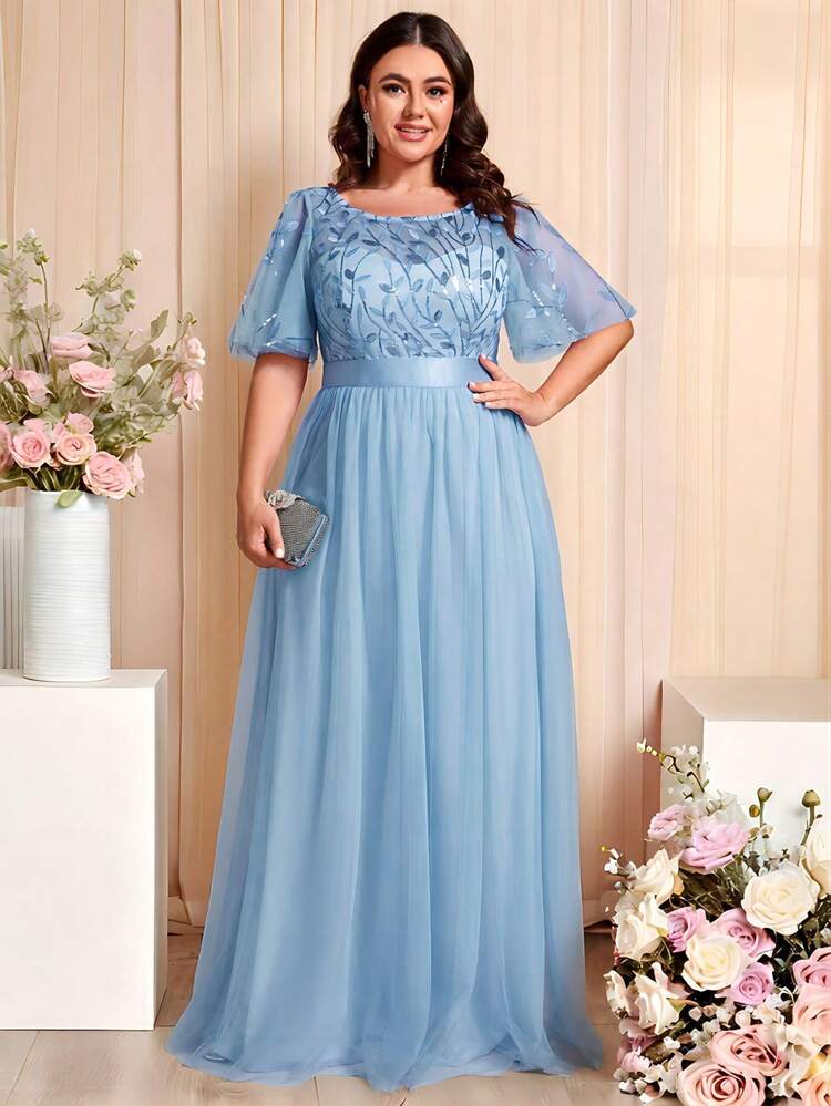 EVERPRETTY Plus Elegant Contrast Sequin Bodice Mesh Sky Blue Bridesmaid Dresses Spring Summer Formal Dress For Party Holiday Valentine's Day Wedding