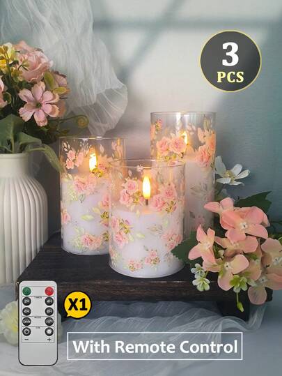 3pcs Set Flameless Candle Lights With Remote Control/Timer, Battery Operated Candles, Rose Print Cup Candles, For Tabletop Centerpiece Decor, Suitable For Christmas, Halloween, Valentine's Day, Gifts, Birthday, Proposal, Wedding, Dining Table, Party, Holiday Atmosphere Decoration