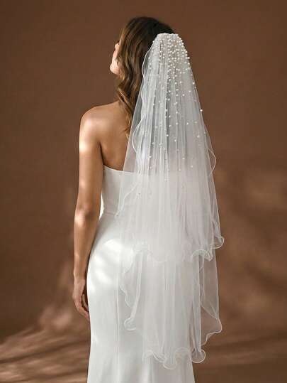 1pc Faux Pearl Double-Layer Bridal Veil, Fingertip Length White Lace Edge, Suitable For Wedding, Bachelorette Party, Wedding Photography Accessory, Comes With Metal Hair Comb