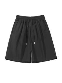 1pc Men's Navy Blue Drawstring Shorts, Metal Drawstring Ends, Lightweight, Smooth, Cool, Wrinkle-Resistant, Durable, Loose Casual Bermuda Shorts, Suitable For Commuting, Outing, Sports In Summer - Black - View 2