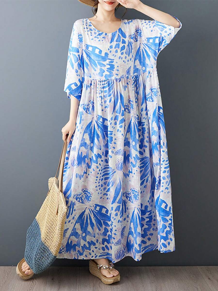 Đầm dài nữ mùa hè 2026 họa tiết hoa nhí nhiều màu sắc, đầm đi biển thường ngày, đầm dài hoa xanh trắng, cổ tròn tay cánh dơi ngắn dáng chữ A, vải dệt, có túi, phong cách mùa hè thanh lịch - Màu xanh lam - Xem 1