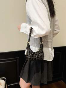 Bolso de mano de mujer con cierre de cremallera y textura de piedra de unicolor, estilo coreano de moda, versátil, ligero y multifuncional, mini bolso de tote adecuado para el uso diario, viajes, regreso a la escuela y vida universitaria de las mujeres - Negro - Ver 5