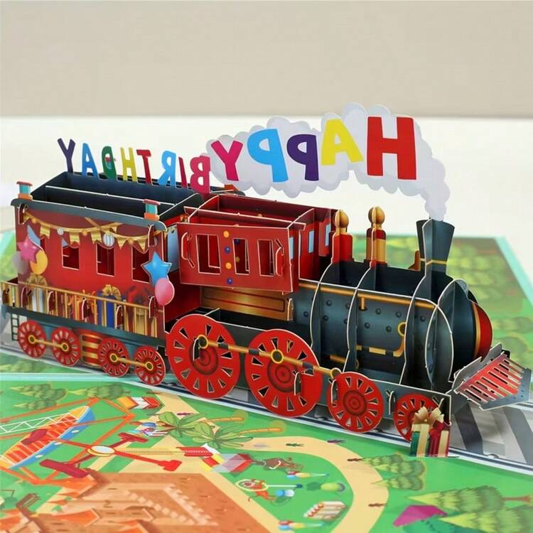 1pc 3D Green Train Pop-Up Birthday Greeting Card With Envelope And Note, Handmade Paper Sculpture Greeting Card, Cartoon Card, Birthday Gift Choice, Party Favor, Party Decor, Gift For Family And Friends - Birthday Train - View 8