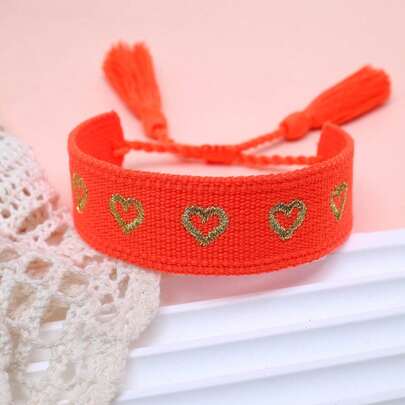 1pc Handmade Embroidered Heart Adjustable Braided Tassel Beach Boho Style Bracelet, Suitable As Gift For Friends, Family, Party, Wedding