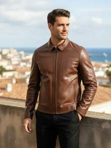 Men's Classic Leather Jacket With Collar, Winter 2026, Autumn/Winter, Regular Fit, Zipper, Pockets, Buttons On The Front, Halloween, Christmas - 鏽棕色 - 查看 3