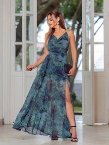 Long, Halter Neck, Flowy, Printed Black Dress NM Nana Marie - Màu xanh lá cây đậm - Xem 1