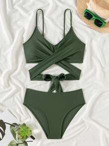 女士纯绿色性感交叉绑带两件式比基尼泳衣，夏季沙滩度假装 - 綠色 - 查看 2