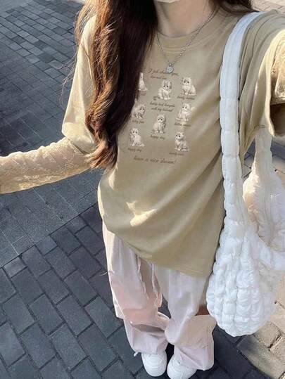 可爱猫咪图案蕾丝拼接长袖圆领宽松针织卡其色上衣，优雅适合派对和嘉年华装扮