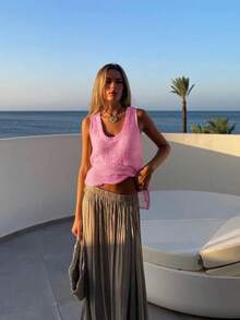 Mejors 女士法式时尚休闲可爱闪亮透视面料不对称下摆圆领无袖针织吊带背心，夏季粉色 - 玫粉色 - 查看 7