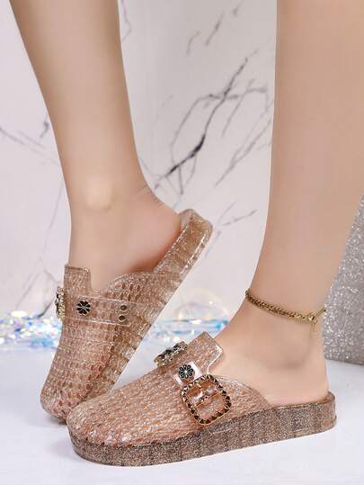 Women's Flat Plastic Slippers, Solid Color, Perforated Floral Design, Slip-On, Beach Sandals