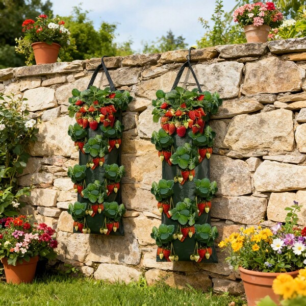 2pcs Hanging Strawberry Planting Bags, Wall-Mounted Planting Bags, Breathable & Waterproof Bags For Balcony & Yard Vegetable & Greenery Planting, Durable & Reusable