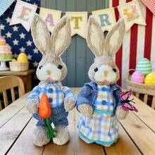 Easter Bunny Decoration Cute Straw Rabbit Figurines Table Centerpiece For Home Farmhouse Holiday Spring Party Tiered Tray Decor - 湖藍色 - 查看 2