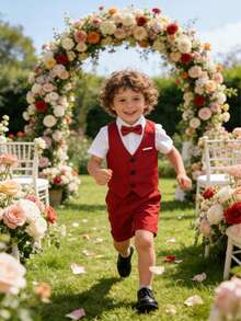 3pcs Boys' Summer Casual Gentleman Outfit Set - Solid Color Vest + Shorts + Bow Tie - Red - View 2