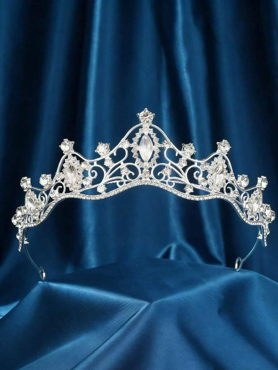 女士水晶皇冠头饰 - 水钻公主发箍，婚礼生日新娘发饰 - 銀色 - 查看 1