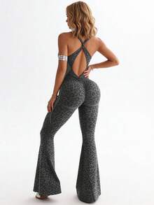 NcmRyu 1件装 女士豹纹交叉露背褶皱提拉喇叭连体裤 - 灰色 - 查看 8
