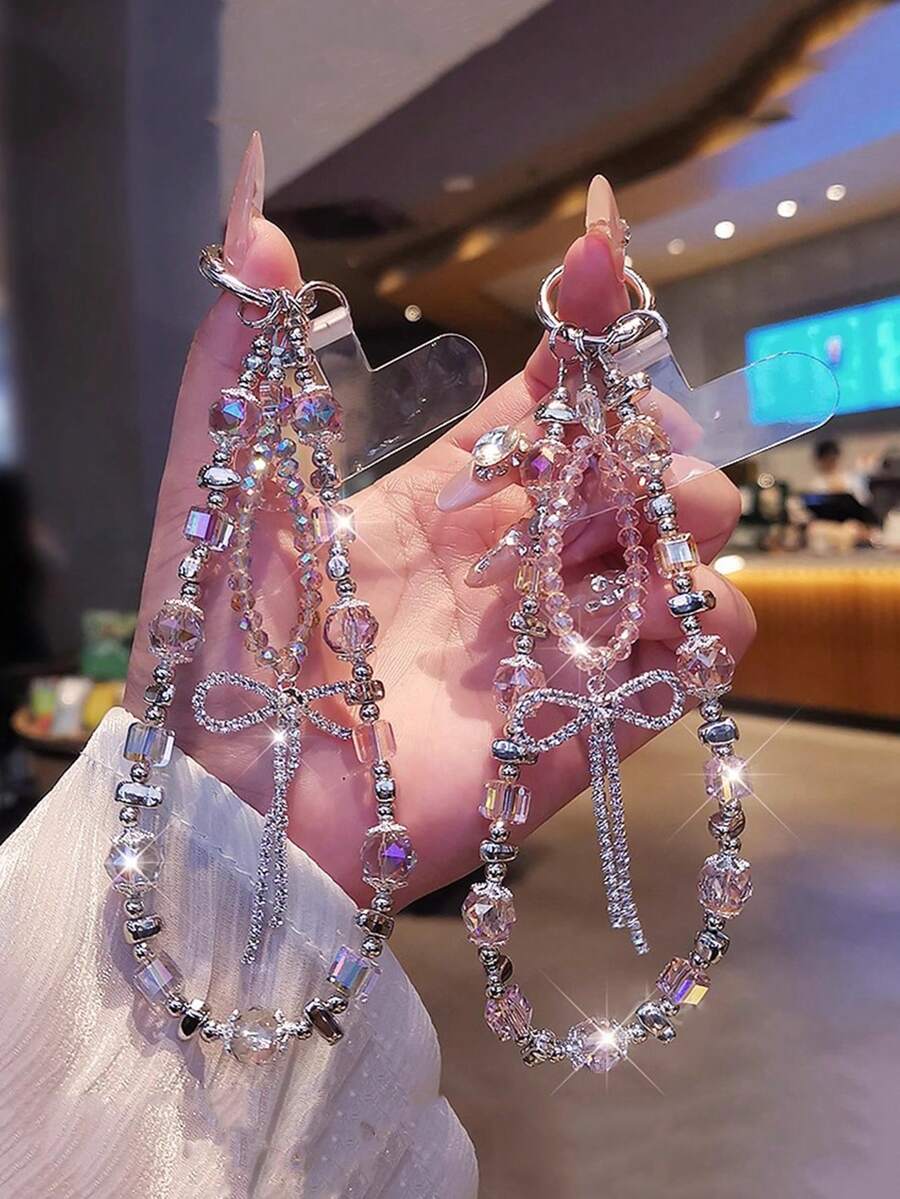 Crystal Butterfly Decor Phone Lanyard, Delicate Beaded Wrist Strap, Outdoor Travel Shopping Anti-Lost Phone Holder, Fashionable Phone Case Hanging Rope - Multicolor - View 1