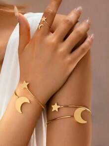 2pcs Line Star & Moon Shaped Gold Metal Bracelet & Ring Set, Minimalist Classic Luxury Style Jewelry For Party & Holiday - Golden Yellow Three-piece Set - View 2