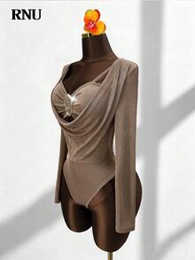 RNU Mono de manga larga elegante para mujer con forro cálido, cuello en V profundo, decoración de hebilla metálica, estilo casual, de negocios, de ocio, de conciertos musicales, de estilo vintage de unicolor, de punto acanalado, de alta elasticidad, muy suave y cómodo, de ajuste ceñido, para uso diario, sexy, para San Valentín, citas, carnavales, Año Nuevo, viajes, primavera, verano, otoño e invierno - Café integral - Ver 8