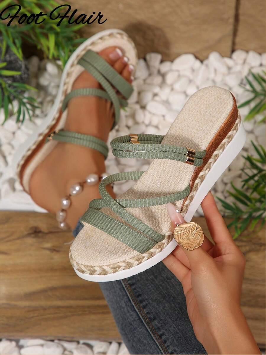 Foot Flair Plus Size Women's Woven Strap Open Toe Rope Sole Wedge Platform Sandals, Beach Vacation Style, Spring/Summer Fashion, Versatile Comfortable Roman Sandals - Army Green - View 1
