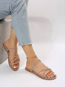 Sandal nữ mùa hè tối giản, nhẹ, kiểu dáng hở mũi, quai chéo, đính đá pha lê, thích hợp cho hoạt động ngoài trời, đi biển hoặc nhiều phong cách. - Màu be - Xem 4