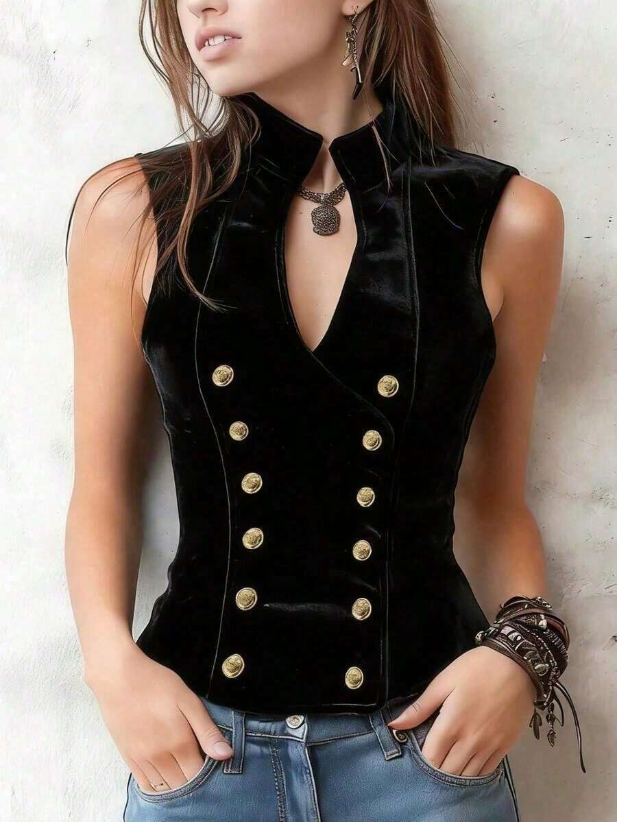 Navy Blue Retro Palace Style Vest - Double-Breasted Design, Made Of Soft And Comfortable Velvet Fabric, Ideal For Everyday Wear - 黑色 - 查看 1