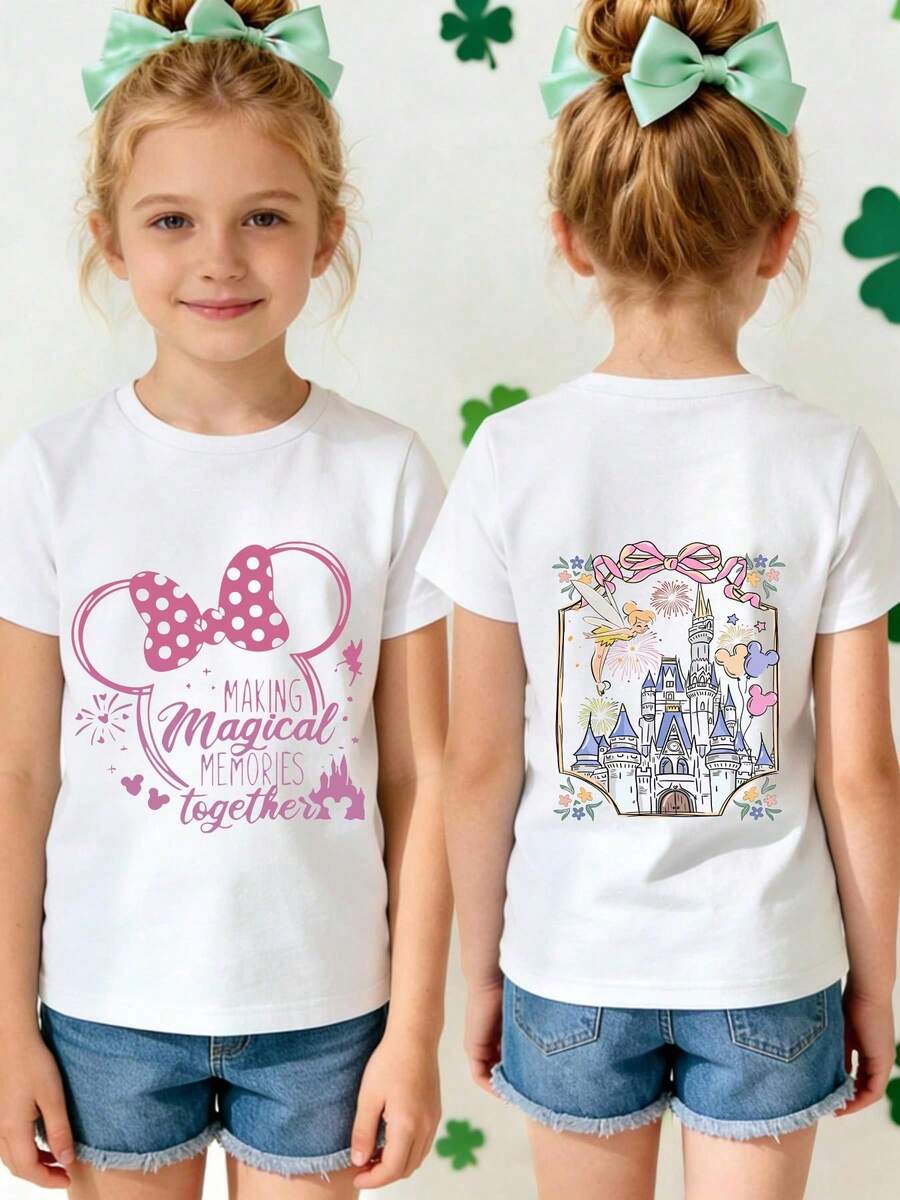 Disney Official Licensed Kids' T-Shirt | Stylish Unisex 1-14 Years White 100% Polyester Tee | Ultra Comfortable, Super Soft & Relaxed Fit | Minnie Mouse & Tinker Bell Castle Print | High Appearance, High Turnaround Rate, Versatile Daily Wear, Disney Limited Edition Design | New Arrival | Express Delivery - trắng - Xem 1