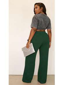 Women's Woolen Pants With Waistband, Yoga Sports Pants, Wide Legs, High Waist, Casual Sleepwear Pants, Comfortable And Elastic Sports Leisure Pants With Pockets - 綠色 - 查看 2