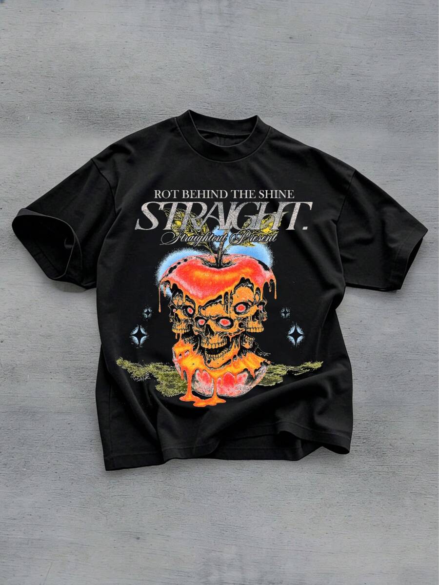 OVDY T-shirt casual da uomo a maniche corte con stampa a teschio e lettera, scollo rotondo, versatile per uso quotidiano estivo - nero - Visualizzare 1
