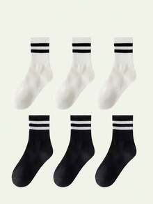 6 Pairs Women's Striped Breathable Casual Business Sports Cycling Versatile Fashion Student Mid-Calf Socks - Multicolor - View 6