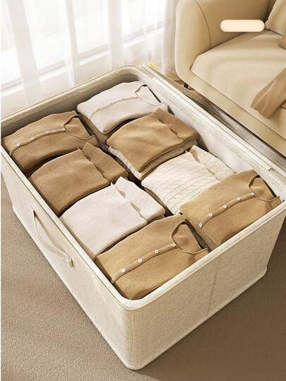 1pc Foldable Storage Box With Zipper And Handle, Beige Storage Bin, Made Of Polyester Linen, Square Shaped With Lid, Versatile, Can Be Used For Storing Clothes, Toys And Other Items, Also Suitable For Indoor Decor, Bedroom Decoration, Decorative Strips, Storage, Jeans Etc.