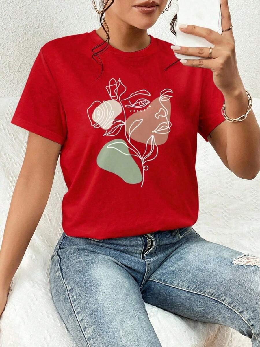 Camiseta Cuello Redondo Manga Corta Estampado Rostro Rosa Cara Dibujo Mujer - Rojo - Ver 1