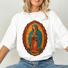 1 Camiseta Mexicana para Mujer, Camisetas de Nuestra Señora de Guadalupe, Arte Religioso en Hilo Sintético, Ropa de la Virgen María, Regalo Católico, Camisetas con Iconos Mexicanos, Camiseta Cómoda de 180G para la Familia, Camiseta Moderna Y2K, Camiseta Lavable a Máquina, Camiseta de Textura Suave, un Regalo Bonito para Mujeres, Camiseta de Cuello Redondo. - Blanco - Ver 1
