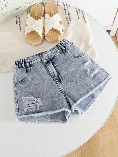 1件装女童户外休闲时尚拉链牛仔短裤，复古雪花图案，做旧毛边裤脚，百搭