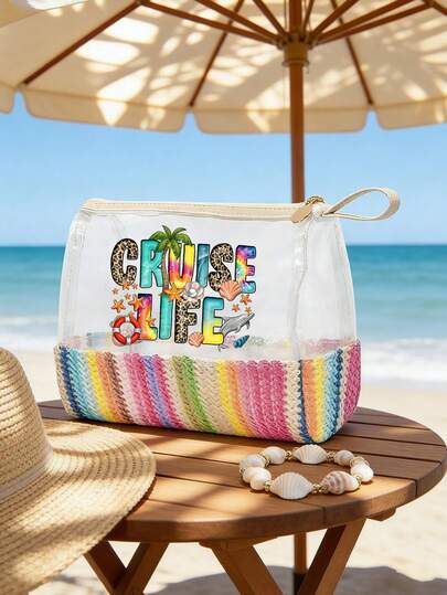 1 túi đựng mỹ phẩm du lịch dung tích lớn họa tiết bãi biển với chữ 'beach', túi đựng sạc du lịch, túi đựng mỹ phẩm có khóa kéo, túi đựng đồ du lịch dung tích lớn, nhẹ, dễ lau chùi, chống phai màu, túi đựng đồ vệ sinh cá nhân trong suốt, túi đựng đồ vệ sinh cá nhân chống thấm nước, túi đựng cáp và USB, thích hợp cho du lịch, đi học, đi biển, ký túc xá, món quà hoàn hảo cho tháng Ramadan, Ngày Valentine, Giáng sinh hoặc Lễ Tạ ơn.