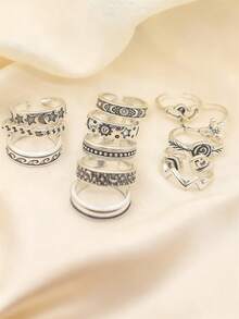 9 Pcs Adjustable Foot Ring Set Snake Butterfly Dragonfly Dolphin Heart Leaf Etc Shape Foot Ring Set For Women Girls - Antique Silver - View 3