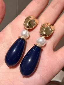 1对不对称金属蓝树脂珍珠吊坠耳环，欧美风格个性时尚长耳环，适合女性和女孩，旅行、婚礼、派对、生日、圣诞节礼物（2026款） - 寶藍色 - 查看 5