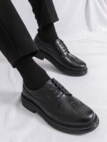 男士休闲复古系带正装鞋，透气布洛克风格婚礼及办公乐福鞋 - 黑色 - 查看 5