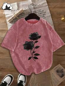 Plus Size Women's Casual Rose Vine Print Round Neck Short Sleeve T-Shirt, Suitable For Spring, Summer And Autumn - Hot Pink - View 4