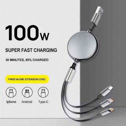 1 قطعة كابل شحن قابل للسحب 3 في 1 بقوة 100 واط للشحن السريع متوافق مع هواتف آيفون 17 برو ماكس/17 برو/17/إير/16/15/14/13/12/11/XS/XR/8/7/6، سلسلة S25/S24/S23/S22/S21 ألترا بلس