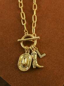 1pc Retro Classic Letter Western Cowboy Hat Pendant, With Gold Stainless Steel Paperclip Chain, Women Necklace - Yellow Gold - View 27