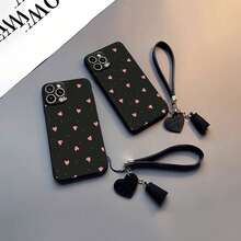 1个可爱简约UV彩绘爱心+爱心腕带全包防震手机壳，黑色 - 黑 - 查看 4