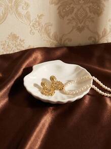 Cirelle 1Pc Shell Shape Jewelry Small Tray Ceramic Material Storage Small Plate Bedroom Dresser Decoration, Gift For Valentine's Day Back To School, Room Decor - White - View 2