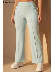 Pantalón de vestir mujer cintura alta pierna ancha stretch crepé casual elegante para oficina reuniones eventos bolsillos pretina elasticada botón forrado antiarrugas sin transparencia suave - Celeste - Ver 6