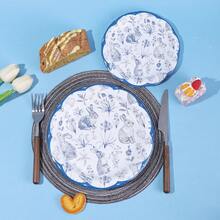 10pcs/20pcs/40pcs/50pcs Blue Easter Bunny 7" And 9" Paper Plates, Floral Bunny Blue Classic Floral Rim Paper Plates Vintage Floral Plates For Easter Wedding Tea Party, Blue Sketch Bunny Disposable Decorative Dinner Plates For Easter Baby Shower Decor And Supplies - View 5