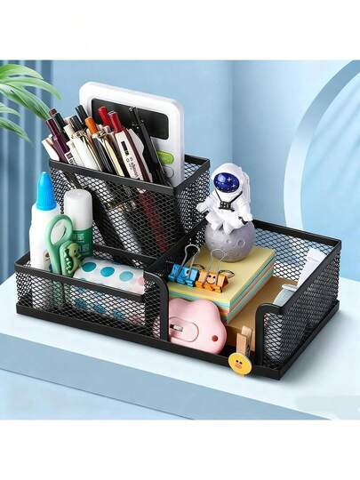 Black Metal Mesh Desktop Organizer Rack, Multi-Layer Pen Holder, Suitable For Office And Home, Desktop Storage Solution, Can Hold Pens, Pencils, Stationery And Small Items