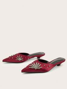 Pointed Toe Rhinestone Slip-On Cone Heel Mid-Heel Backless Mule Sandals - Burgundy - View 3