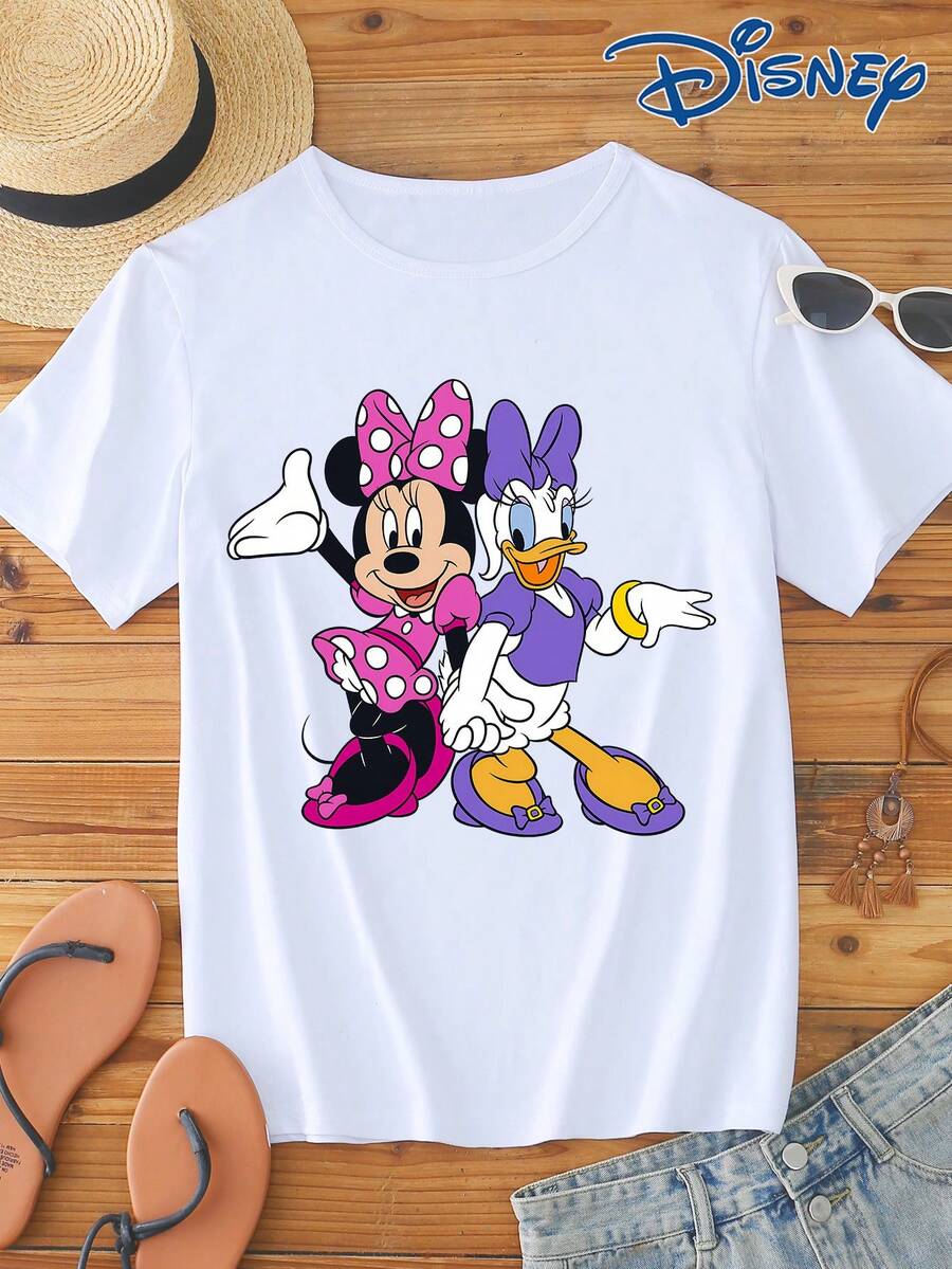 1pc Disney IP Authorized Minnie Mouse & Daisy Duck Graphic Print Short Sleeve T-Shirt, Round Neck, Stretchy, Easy Care Material, Suitable For Daily Wear, Fashionable Women's Short Sleeve T-Shirt, Casual Wear - White - View 1